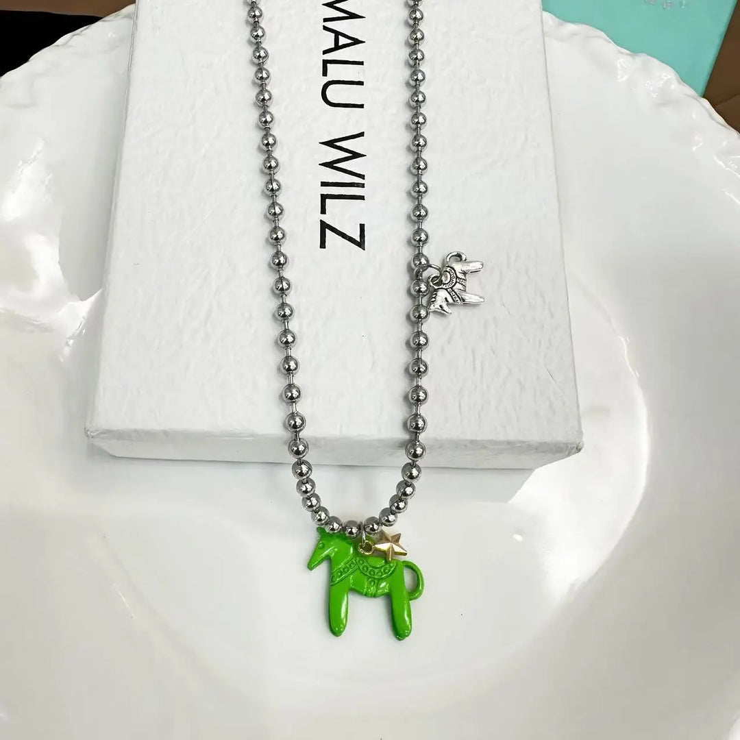White Black Green Blue Pink Color Enamel Colt Horse Pendant Necklaces for Women