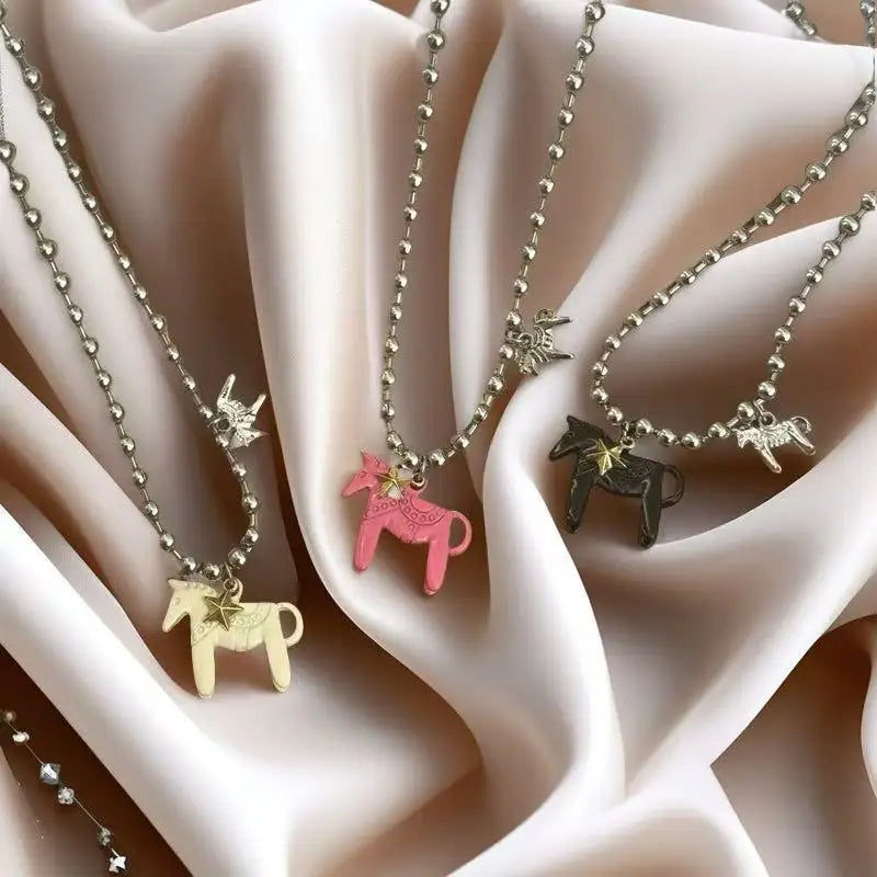 White Black Green Blue Pink Color Enamel Colt Horse Pendant Necklaces for Women
