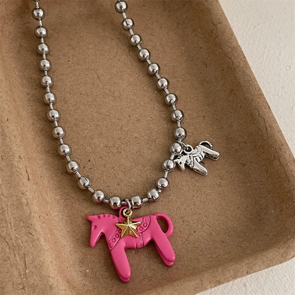 White Black Green Blue Pink Color Enamel Colt Horse Pendant Necklaces for Women