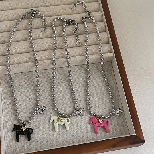 White Black Green Blue Pink Color Enamel Colt Horse Pendant Necklaces for Women